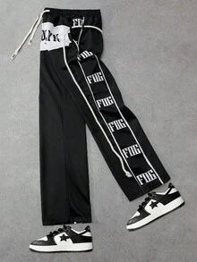 ROMWE MEN Prep Men's Sweatpants With Applique Embroidery, Drawstring, Street Style American English Print - Black - View 6