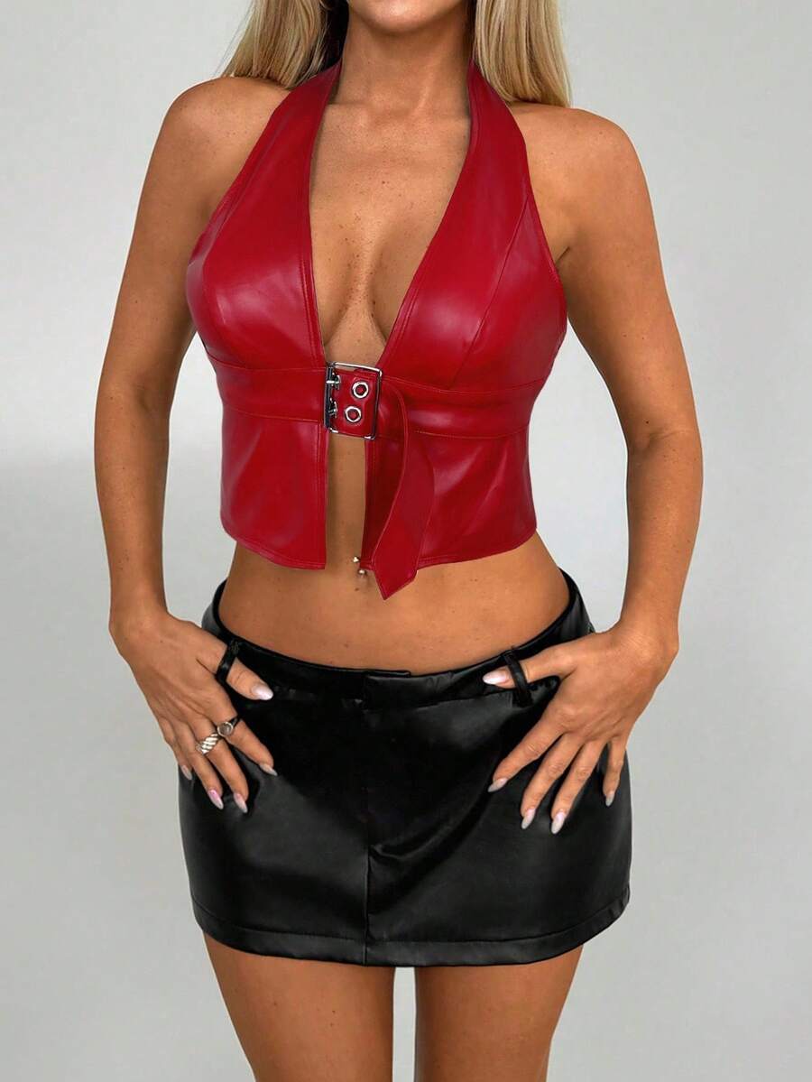 Aloruh 1 pieza Blusa sexy de cuello halter de unicolor de piel de PU de moda para mujeres - Rojo - Ver 1