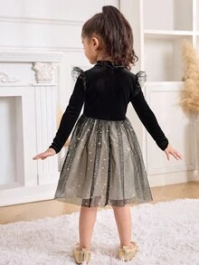 Young Girl Elegant Black Dress With Gold Mesh Ruffle Trim Detachable Collar Long Sleeve Velvet Dress, Autumn/Winter Dress, Suitable For Everyday Wear, Casual Occasions, Elegant Parties Or Birthday Gatherings, Also Suitable For Christmas Parties - Black - View 2