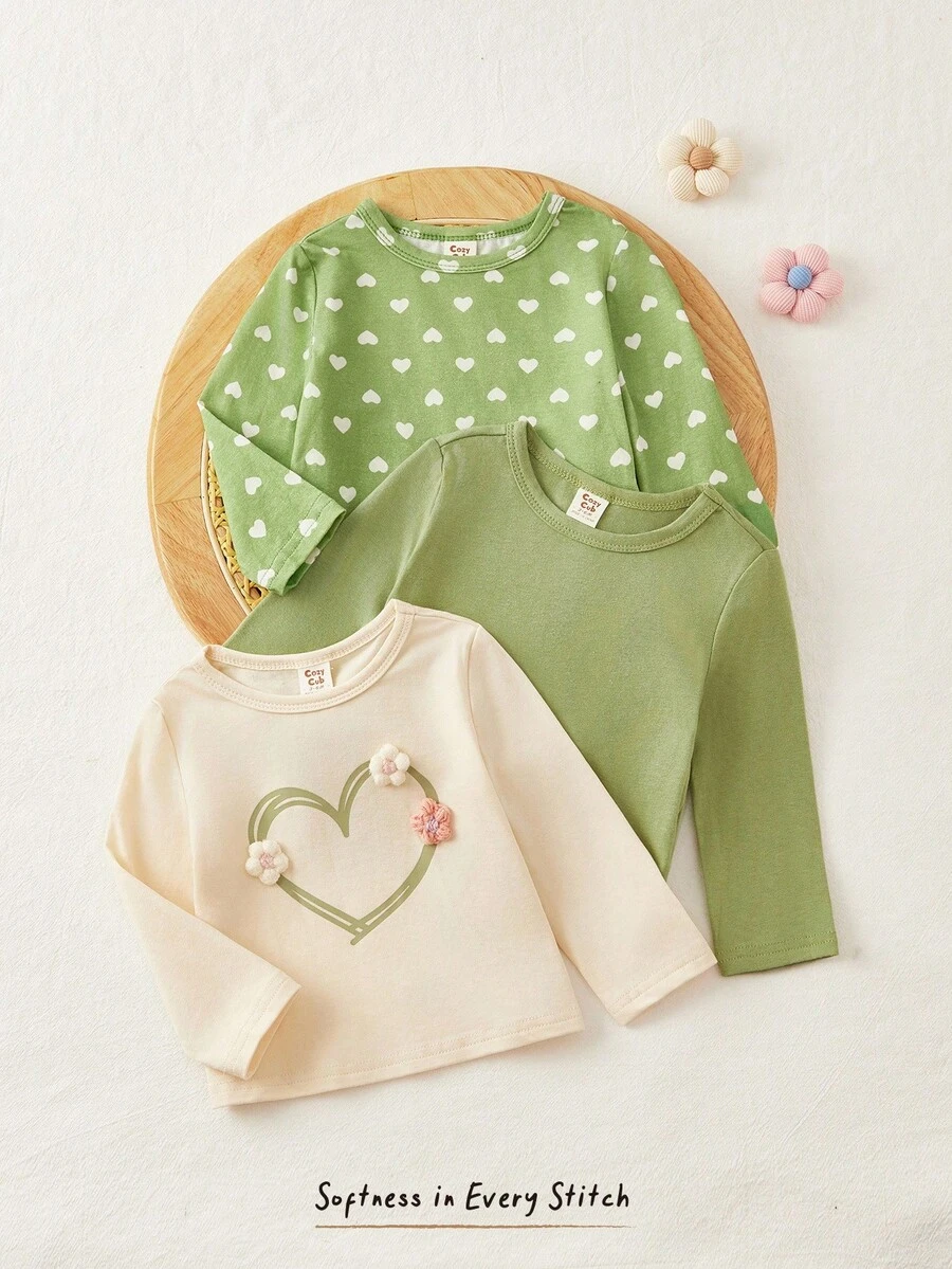 Cozy Pixies 3pcs/Set Baby Girl Heart Pattern Round Neck Long Sleeve Pullover Top Chic Outfits For Autumn/Winter - Green - View 1