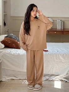 DAZY Tween Girl Coconut Tree Print Hoodie Top And Pants Pajama Set - Army Green - View 4