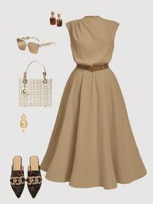 SHEIN MOD Plus Size Women Solid Color Sleeveless Dress, Elegant Office Dress (With Belt) Elegant Summer Outfits Khaki Dress Tan Outfit Women Classy Summer Dress Dress Casual - Khaki - View 1