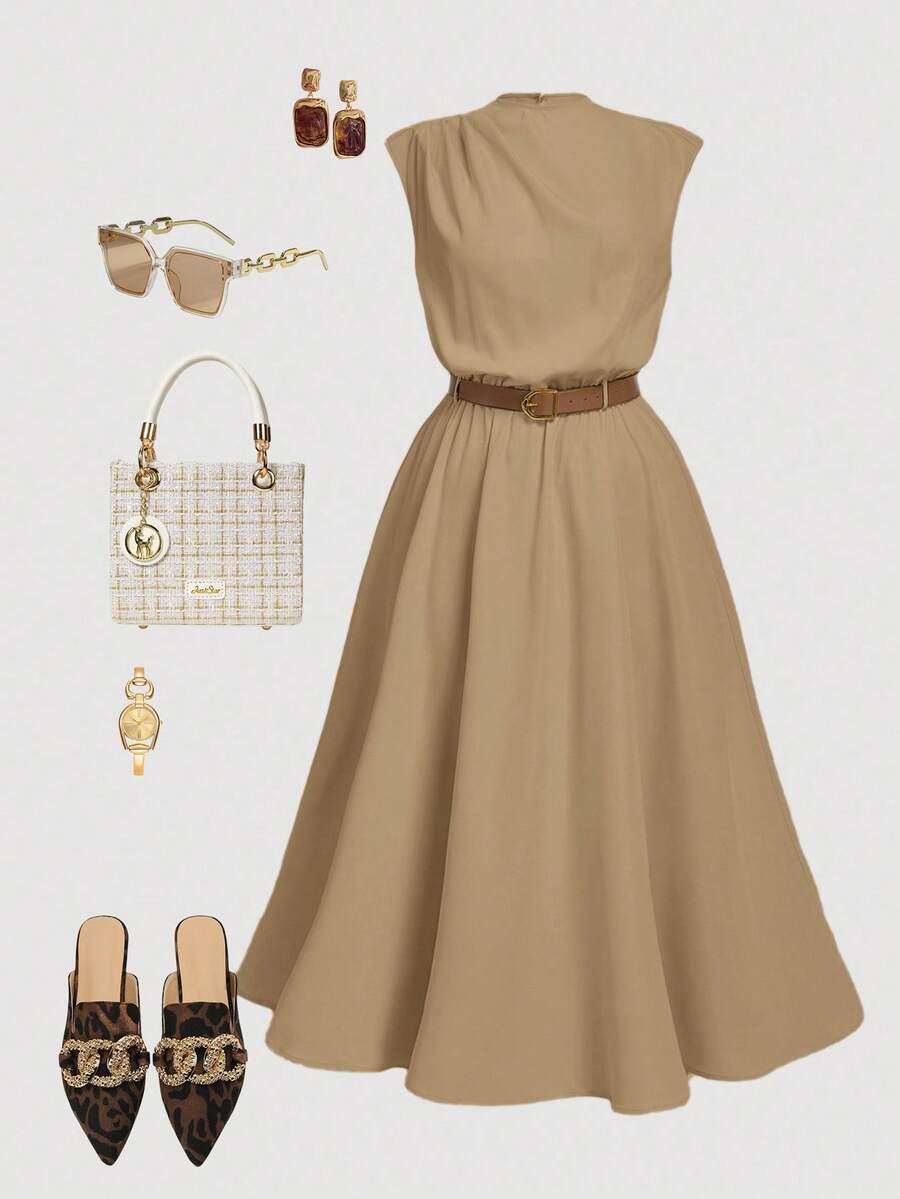 SHEIN MOD Plus Size Women Solid Color Sleeveless Dress, Elegant Office Dress (With Belt) Elegant Summer Outfits Khaki Dress Tan Outfit Women Classy Summer Dress Dress Casual - Khaki - View 1