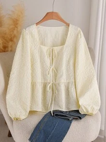 CosyJoli Bluzka w dużym rozmiarze, swobodna, kwadratowy dekolt, żakardowa faktura, rękaw typu latarnia, długi rękaw, kokarda