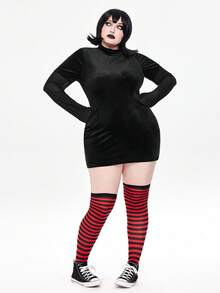 ROMWE Avant Plus Size Halloween Costume Cosplay Velvet Contrast Mesh Sleeve Bodycon Dress Winter - Black - View 8