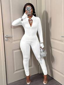 BamGleam 2pcs/Set Casual Solid Color Slim Fit Long Sleeve Top And Pants