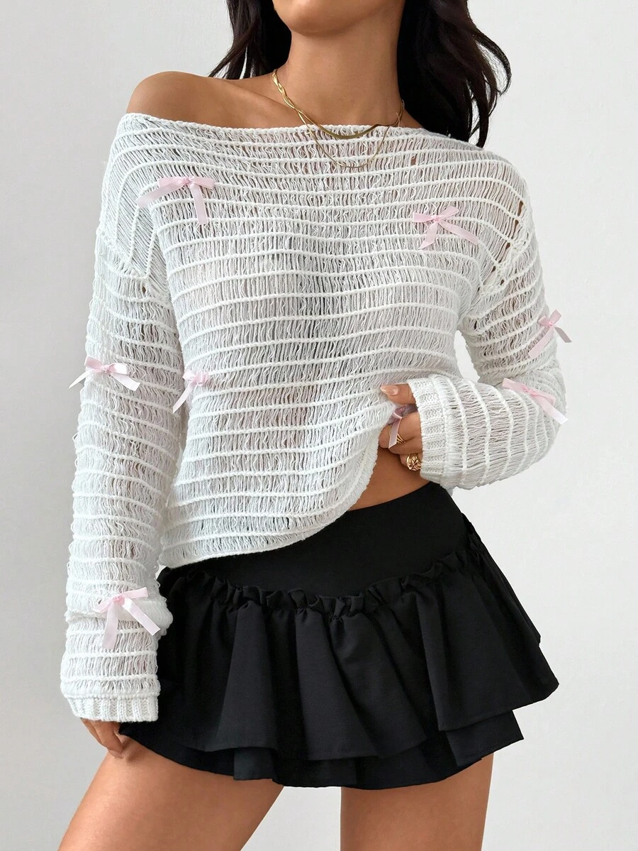 Flirla New Arrival White Hollow-Out Pink Bow Decor Cute Sweet Casual Off-Shoulder Sweater - White - View 1
