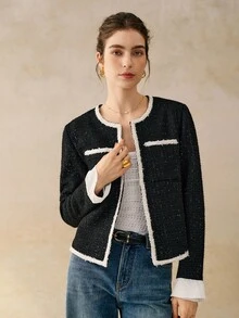 Cévolie 女士优雅通勤撞色花呢夹克