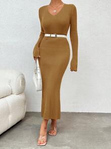 RueChic Solid Rib-knit Split Sleeve Bodycon Jumper Dress - Coffee Brown - View 5