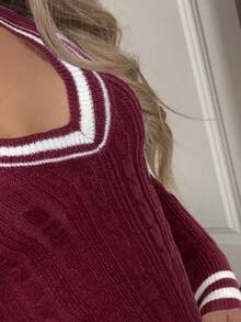 SHEIN EZwear 女士休闲撞色条纹修身毛衣，秋季 - 酒紅色 - 查看 7