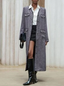 Aveloria Modichic Thick Tweed V-Neck Frayed Trim Metal Button Decor Long Commuter Jacket