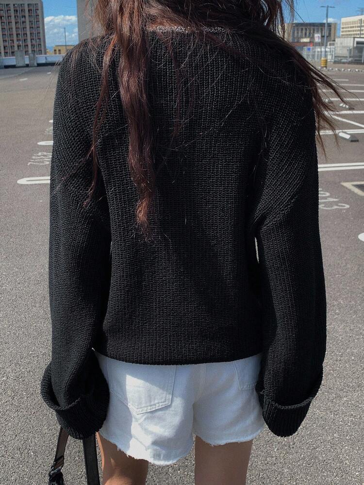 Women's Loose V-Neck Long Sleeve Casual Elegant Patchwork Lace Knit Sweater, Autumn/Winter