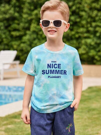 Joliand Joliand 1 pieza Camiseta de manga corta de cuello redondo con estampado urbano de tie dye azul elegante y de moda para niños, adecuada para uso diario, fiestas, salidas, verano