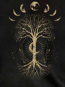 Tseoso Mandala Star, Moon, Tree Retro Pattern Tarot Mysticism Beach Boho Women's Casual Black Drop Shoulder Asymmetrical Long Sleeve T-Shirt, Vintage Style Suitable For Teachers, Fall Women Clothing, School Outfits, Chic Autumn Wear Off The Shoulder Sweatshirt Off The Shoulder Long Sleeve Top Boho Top Black Off The Shoulder Top,Black Tops - Black - View 4