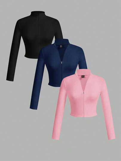 Slaydiva Set de 3 camisetas de manga larga con cuello en V, cremallera y ajuste ceñido, de estilo casual para otoño/invierno para mujer, en colores blanco + negro + gris