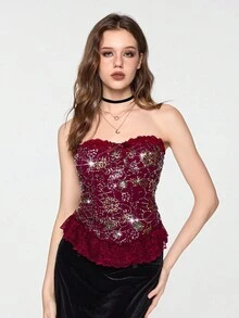 ROMWE EDITION Women's Vintage Witch-Inspired Lace Patchwork Sequin Tube Top, Burgundy - Burgundy - View 5