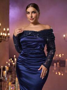 Glamrae Elegantes, luxuriöses Abendkleid in Marineblau mit Pailletten, Perlen und Stickerei, Off-Shoulder Design mit überlappender Büste, transparente Langarmdetails, geraffter Meerjungfrauensaum, geeignet für Abendveranstaltungen, Galas, Hochzeiten, Urlaub