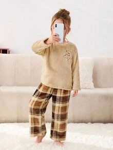 SHEIN 2件套少女针织纯色圆领刺绣毛衣和裤子家居服套装