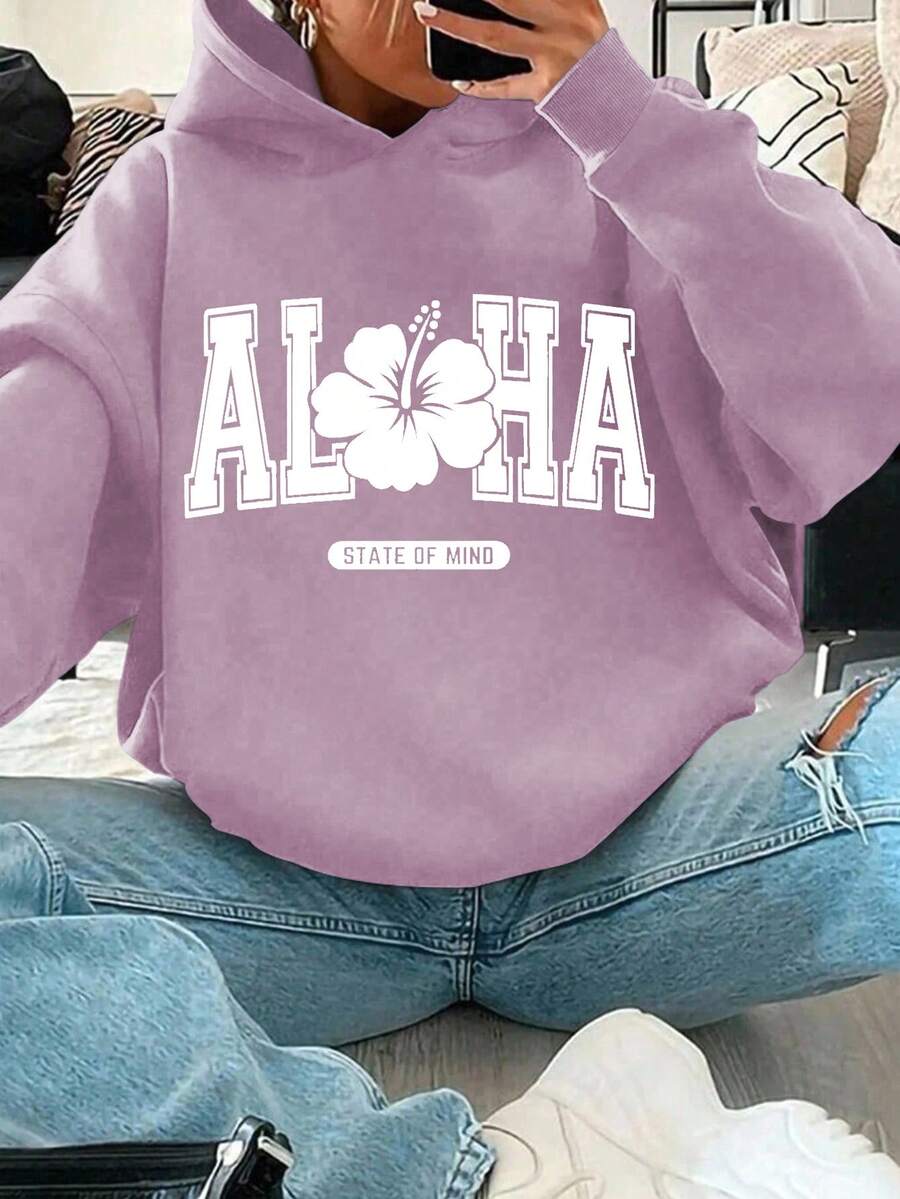 Sparklyn Teen Girl Casual Loose Fit Blue & White Floral Letter Print Sweatshirt Fall Winter - Purple - View 1