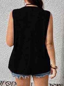 EMERY ROSE Plus Size Women Solid Color Casual V-Neck Lace Patchwork Sleeveless Knit Tank Top - Black - View 2