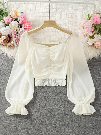 SHEIN 少女优雅法式荷叶边长袖衬衫