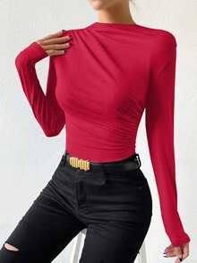 Zolique Women's Solid Color Stand Collar Raglan Sleeve Ruched Bodysuit - Red - View 4