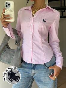SHEIN EZwear Áo sơ mi dài tay dáng ôm, cài nút phía trước, thắt eo, thích hợp cho mùa thu/đông, thêu logo nhỏ - Nhiều màu - Xem 2