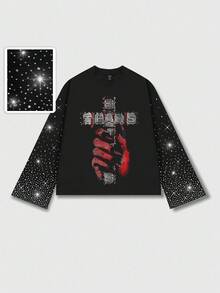 ROMWE MEN Street Life 男士闪光钻石哥特式印花长袖T恤，宽松短款，秋季 - 黑色 - 查看 5