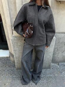 Aloruh 女款秋冬新款翻领拉链深灰色羊毛宽松常规外套 - 深灰色 - 查看 9