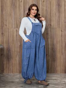 EMERY ROSE Plus Size Women Casual Pocket Denim Bib Overalls - Medium Wash - View 3