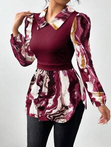 EMERY ROSE Marble Print Contrast Color Knit Ribbed 2 In 1 Top Puff Sleeve Blouse Marble Print Blouse Lantern Sleeve Blouse Women Blouses Long Sleeve Peplum Blouse - Burgundy - View 3