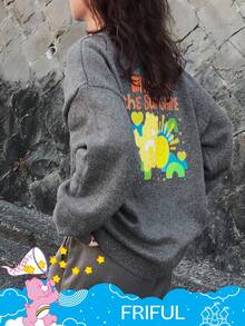 FRIFUL SHEIN X Care Bears Women's Cartoon Pattern Loose Fit Thick Fleece Sweater, Autumn/Winter - Grey - View 4