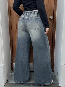 Dazy Plus Washed Loose Straight Leg Long Denim Jeans, Plus Size Women, All Season, Autumn
