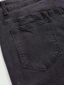 ROMWE Goth Plus Size Autumn/Winter Leather Rivet Distressed Asymmetrical Flared Hem Jeans, Plus Size Women Bottoms For Autumn, Plus Size Women Denim Pants For Autumn/Winter, Casual Daily Wear, Vintage Washed Fitted Flared Plus Size Jeans, Distressed Wash Rivet Details - Black - View 4