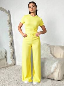 2pcs/Set Teen GirlTextured Fabric Mandarin Collar Short Sleeve T-Shirt + Casual Long Pants - Yellow - View 1