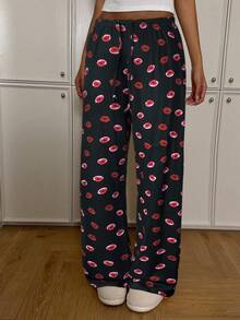 SHEIN EZwear Quần dài buộc dây họa tiết môi lãng mạn cỡ lớn phong cách tối giản, thường ngày, xuân/hè - màu đen - Xem 6