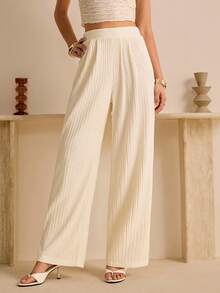 SHEIN Ladiora Women's Elegant High Waist Pleated Loose Straight Leg Pants, Textured Solid Color, Spring/Autumn - Apricot - View 6