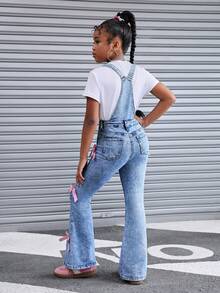 SHEIN Tween Girls Y2K 时尚浅色水洗蝴蝶结复古可爱牛仔背带裤喇叭腿牛仔裤休闲牛仔连体裤带斜口袋，女童秋季假期服装，适合日常旅行、户外、居家、早午餐、茶会、通勤、机场穿着，女童秋季秋装服装，儿童返校服装，乡村音乐会服装 - 中等水洗藍 - 查看 2