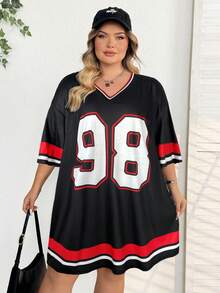 SHEIN CURVE+ 大码字母印花T恤连衣裙、运动服 - 彩色 - 查看 3