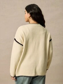 Juhart 加大码撞色针织开衫，宽松长袖 - 彩色 - 查看 2