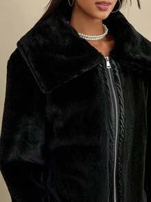 CLARA VERO Faux Fur Jacket With Wide Collar, Front Zipper Closure, Soft And Plush Texture, Warm Winter Outerwear - Black - View 5