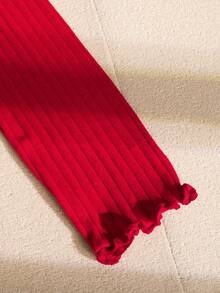 SHEIN Tween Girl 优雅红色修身圆领长袖罗纹针织金属金色套头 T 恤和黑白格子 A 字迷你裙套装，适合圣诞节、万圣节、休闲装、圣诞红、秋季装 - 紅色 - 查看 6