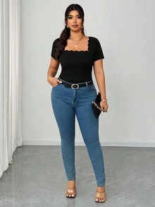 Elenzga 大码时尚休闲黑色方领修身T恤