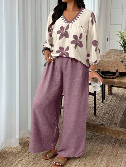 EMERY ROSE 大码女式休闲宽松上衣和阔腿裤两件套