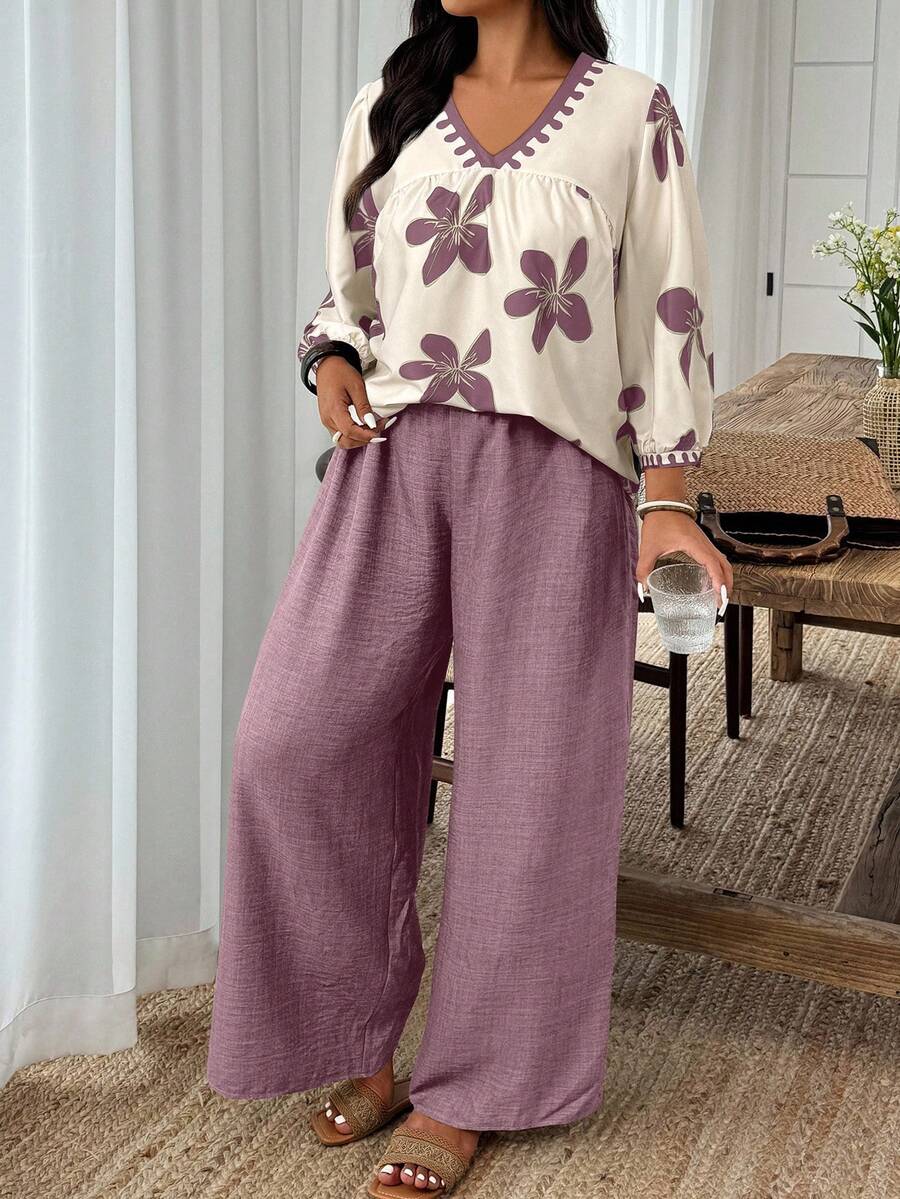 Breezaya 大码女式休闲宽松上衣和阔腿裤两件套 - 彩色 - 查看 1