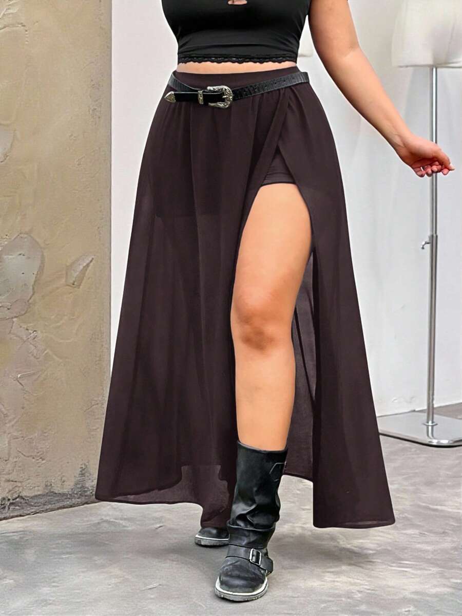SHEIN EZwear Plus Size Chiffon Semi-Sheer Slit Skirt - Brown - View 1