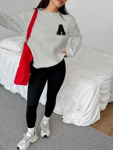 SHEIN EZwear 女士秋冬新款运动卫衣和打底裤套装 女士卫衣 刺绣卫衣 灰色卫衣 两件套休闲套装 女士卫衣 - 淺灰色 - 查看 6