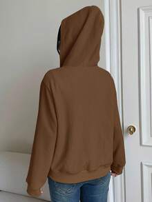 SHEIN EZwear 秋冬女士时尚休闲长袖连帽拉链夹克 - 棕色 - 查看 3
