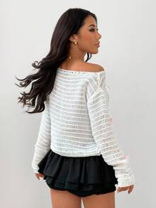 Flirla New Arrival White Hollow-Out Pink Bow Decor Cute Sweet Casual Off-Shoulder Sweater - White - View 2