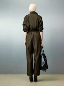 Airlisse Vintage Military Green Collared Shirt With Drawstring Jumpsuit, Suitable For Spring And Autumn Fall Cloth For Women